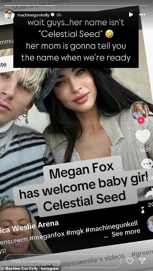Однако в понедельник Келли пришлось внести ясность в свою Instagram-ленту на фоне сообщений о том, что они с 38-летней Меган назвали своего малыша Небесным Семенем.